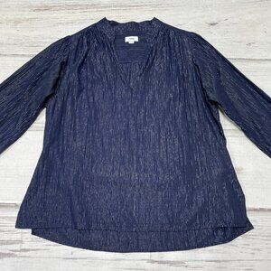 Closed Top Blouse Pullover Shirt Evelyn V-Neck Blue Metallic Silver Stripe Small